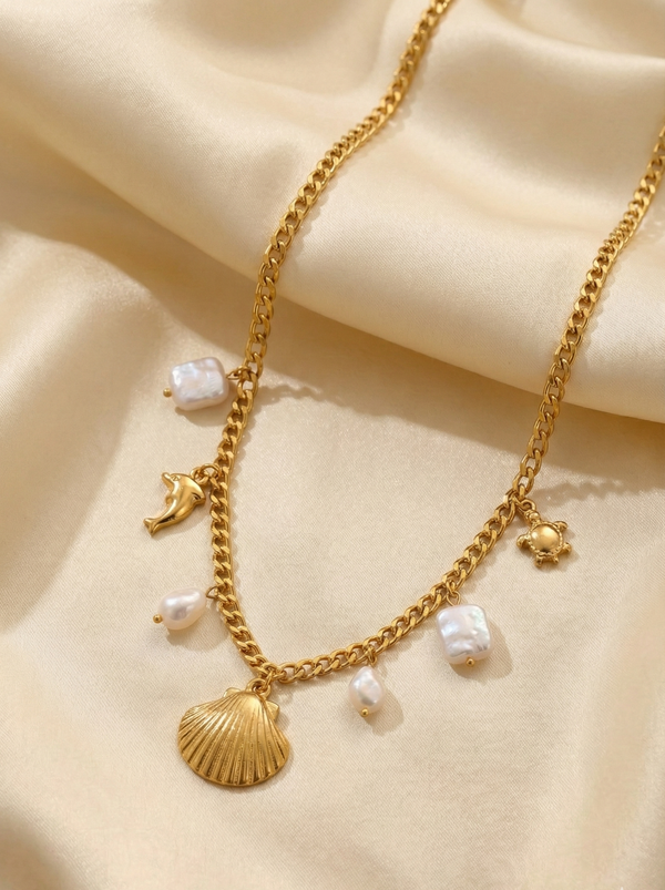 Golden Ocean Charm Statement Necklace