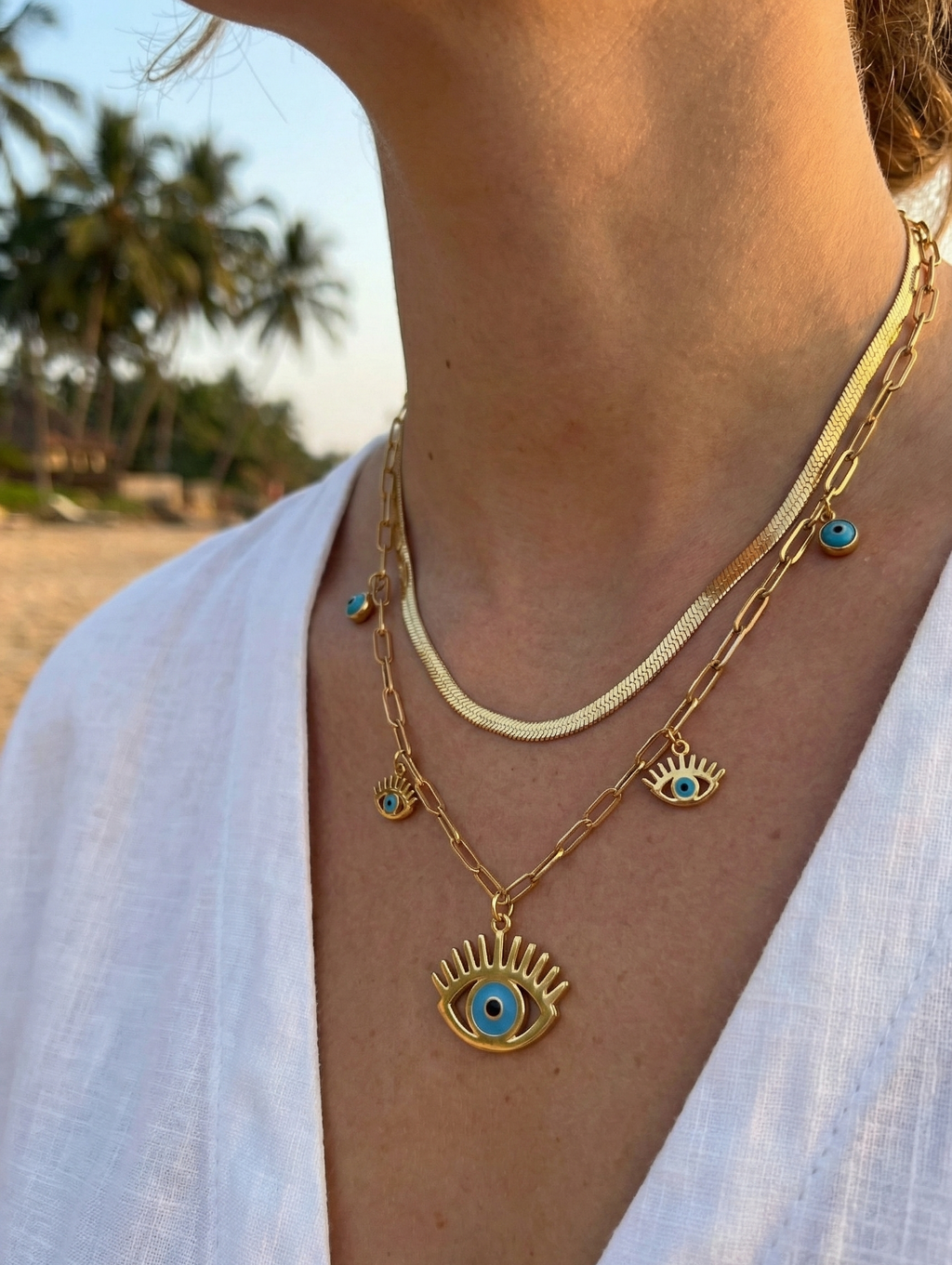 Evil Eye Layered Snake Chain Necklace